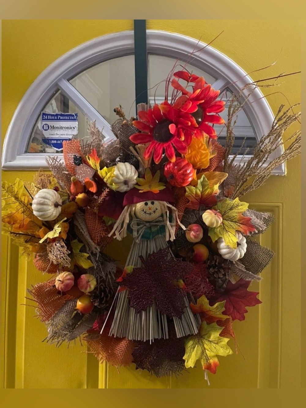 Autumn Harvest Scarecrow Wreath - Fall Door Decoration in Red, Orange, Yellow
